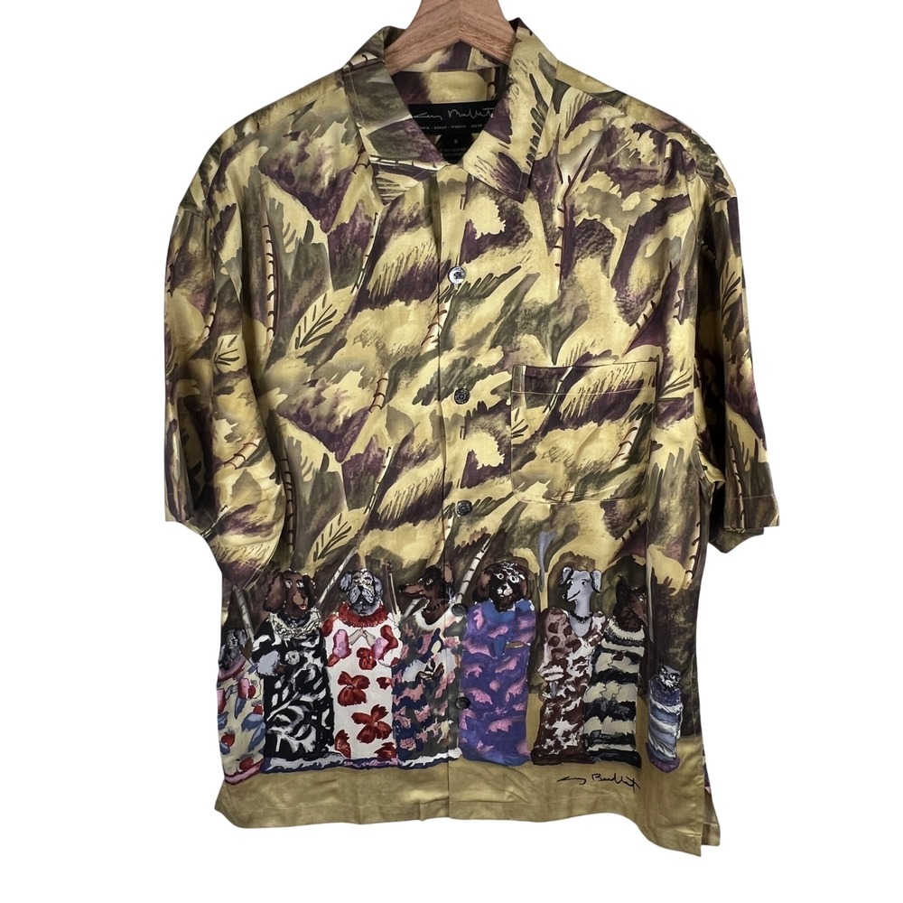 Guy Buffett Mens Silk Shirt Dogs in Dresses Graphic Print Aloha Graphic Small‎